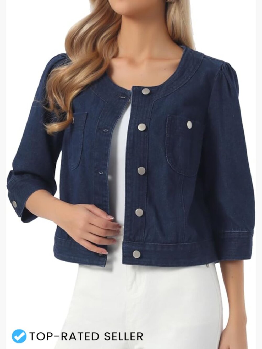 Cropped Denim Jacket 3/4 Sleeve Casual Lightweight Summer Jean Jacket